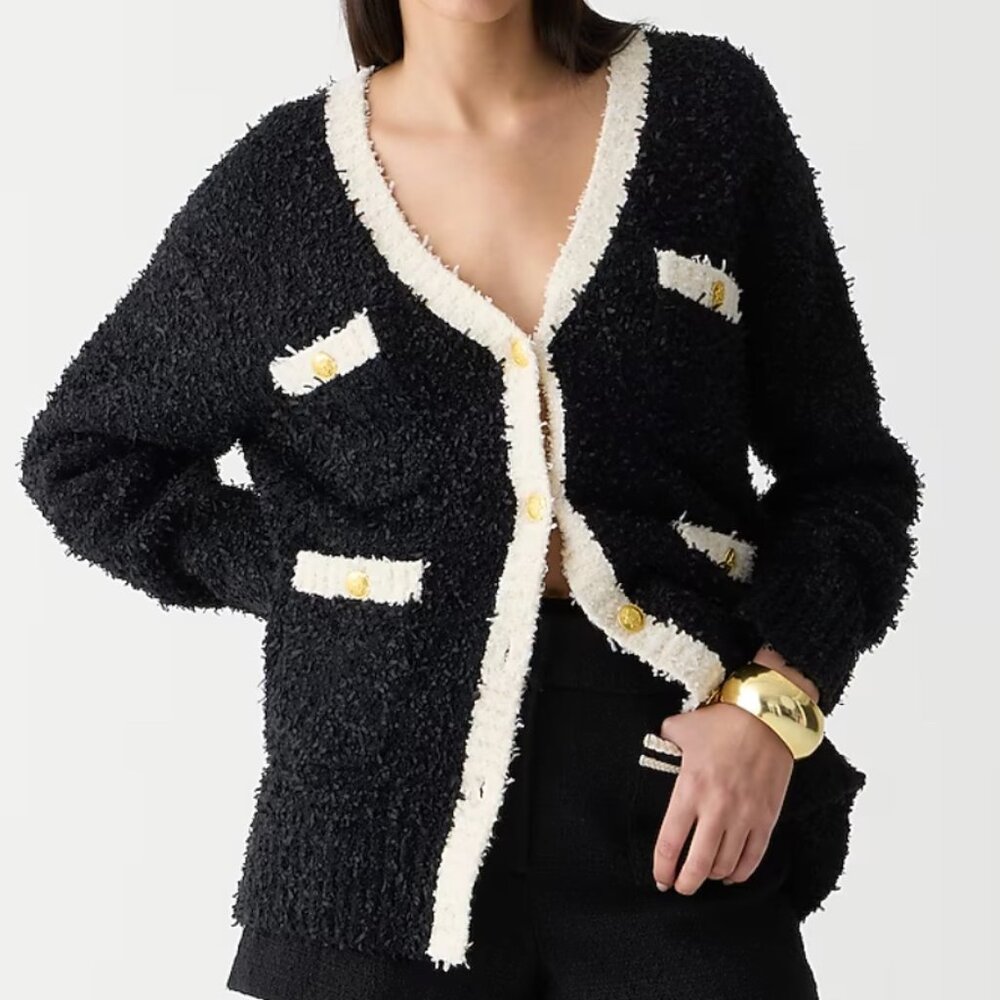 J. Crew NWT Black Longer sweater lady jacket Size Large Gold Buttons Textured